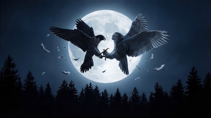 Celestial Dance of Birds: Two birds engage in a dramatic mid-air display against the backdrop of a full moon, symbolizing freedom and the mysteries of the night.