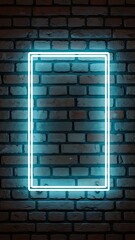 Vibrant Blue Neon Rectangle Frame Illuminating a Dark Brick Wall Background.
