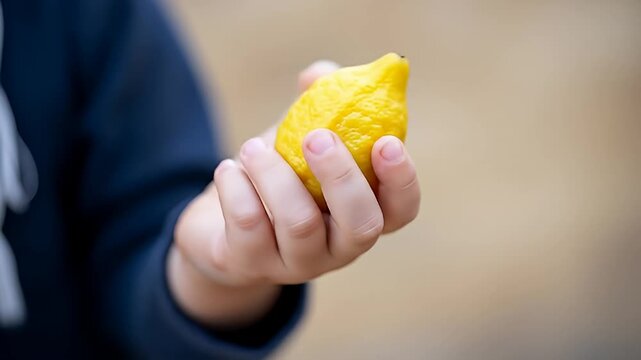 Child holding a vibrant yellow etrog fruit during Sukkot.