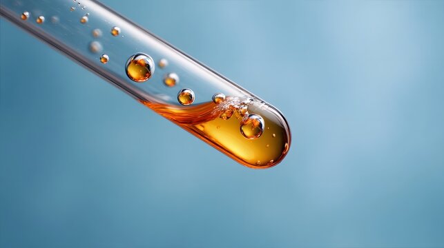 A close up of amber liquid with bubbles in a laboratory test tube against a soft blue background