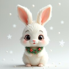 Adorable fluffy white baby rabbit illustration, wearing a festive Christmas wreath, surrounded by twinkling stars and soft bokeh lights, perfect for holiday greetings and joyful seasonal designs