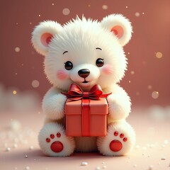 A super cute, fluffy white teddy bear with bright eyes, holding a red gift box tied with a ribbon, surrounded by soft bokeh lights, perfect for holiday greetings, and winter celebrations