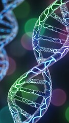 Vibrant DNA Helix Structure with Bokeh Lights Background.