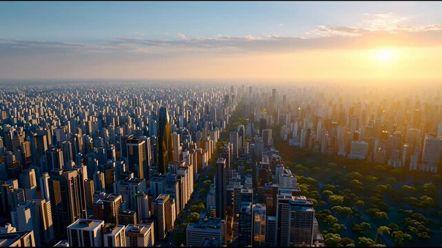 Sprawling city skyline at sunrise bridging economic divide with skyscraper highrise and park sunlight casting warm glow
