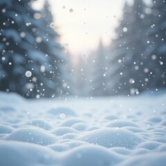 Enchanting winter landscape showcasing a pristine blanket of fresh snow with soft bokeh lights and delicate snowflakes gently falling, evoking a peaceful and magical festive atmosphere