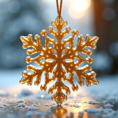 Captivating Golden Snowflake Ornament Hanging Against a Snowy Backdrop