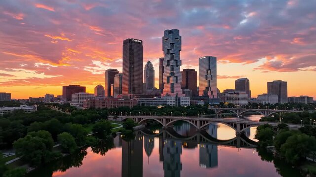 Aerial view of downtown tulsa skyline reflecting in the arkansas river at a vibrant sunset with dramatic orange and pink clouds