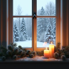 Warm glow of candles on a festive windowsill adorned with pine, against a serene snowy winter landscape, capturing the essence of a classic vintage Christmas and peaceful holiday ambiance