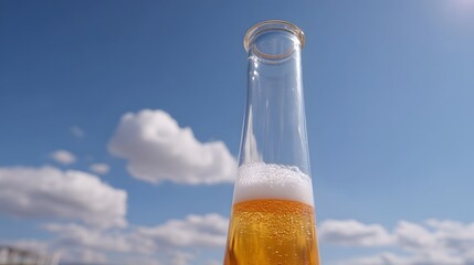 A close up of a glass bottle s neck with golden frothy liquid against a bright blue sky