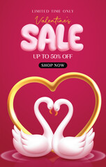 Valentine's day sale clipart poster design. Gold heart with sweet couple swan for valentine's day sale shopping discount decoration elements clip art in red background for holiday celebration banner 