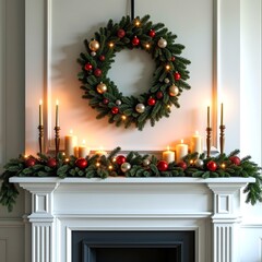 Beautifully decorated Christmas fireplace mantel with a festive wreath, glowing candles, and ornaments, creating a warm and inviting holiday atmosphere perfect for cozy winter celebrations