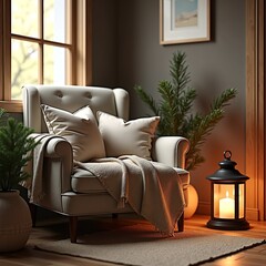 A Cozy Living Room Scene A Comfortable Armchair, Warm Blanket, and Lantern Create a Relaxing Atmosphere. The Perfect Spot to Unwind and Enjoy the Comforts of Home During the Holiday Season