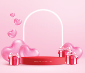 Valentine's day podium clipart template design. Valentine's day red podium stage for product sale presentation clip art with pink heart and gift box elements holiday celebration banner template vector