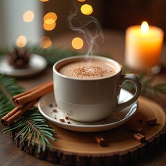 Winter's Embrace A Cup of Warm Cocoa by Candlelight, Accented with Cinnamon Sticks and Evergreen Sprigs, Evoking Comfort and Festive Cheer