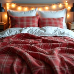 Warm and inviting bedroom interior with a red plaid blanket and white linens, adorned with twinkling string lights, creating a cozy and comfortable atmosphere perfect for relaxation