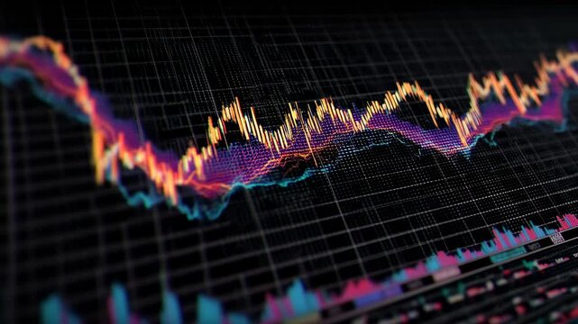 Blue digital stock chart showing strong upward trend concept. Colorful lines depict market fluctuations and growth over time.