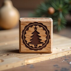 Handcrafted wooden block with a carved Christmas tree emblem, a rustic holiday decoration for festive home decor and seasonal crafting, perfect for DIY projects and seasonal charm