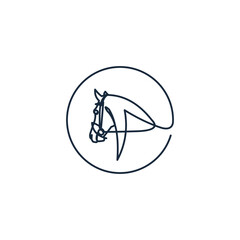 Minimalist continuous line art of a horse head silhouette with bridle. A simple and elegant equestrian logo design icon isolated on a white background