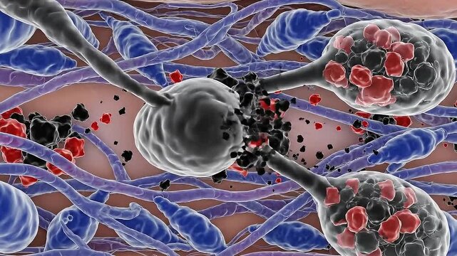 Microscopic view of blood clot formation within a vessel showing platelets and fibrin strands, depicting thrombosis and circulatory disease processes