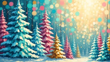 Vibrant Winter Wonderland with Colorful Snow-Covered Christmas Trees and Bokeh Lights.