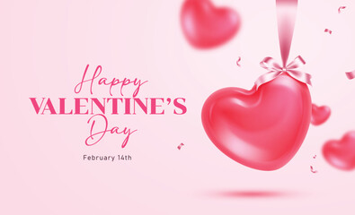 Happy Valentine's day greeting card clipart banner design. Valentine's day greeting card clip art with hanging heart and empty space simple background for February 14 banner card template vector 