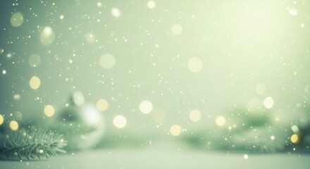 Christmas tree branches with snowflakes falling against a green background.
