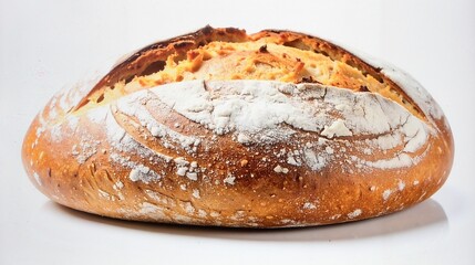 Artisanal sourdough bread with crisp, flour-dusted crust and irregular air pockets in the crumb, showcasing traditional baking craftsmanship, isolated on clean white background.