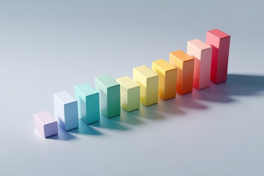 Vibrant gradient color bars arranged in ascending order casting long shadows on a blue surface.