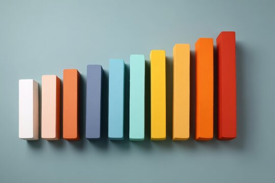 Vibrant gradient color bars arranged in ascending order casting long shadows on a blue surface.