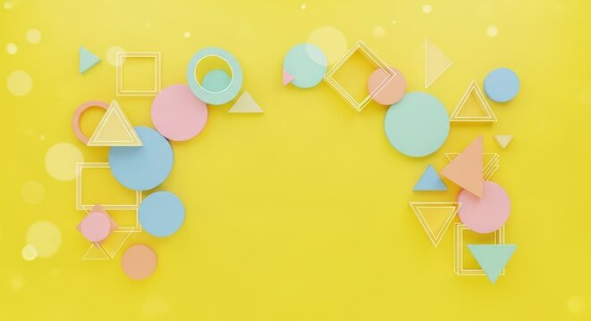 A colorful geometric pattern on a yellow background with a white bokeh effect.