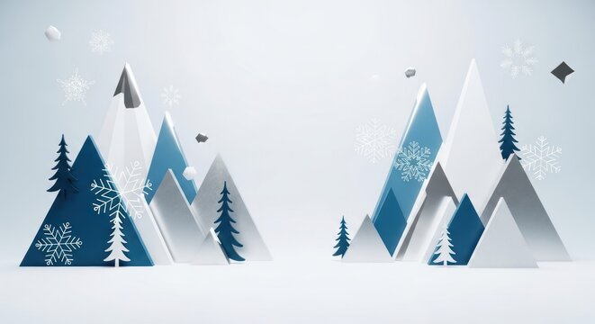 Two snow-covered mountains with pine trees and snowflakes against a white background.