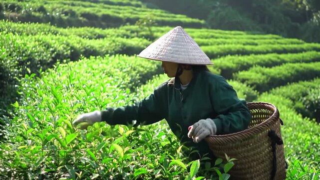 A person wearing a traditional conical hat harvests tea leaves in a lush green plantation.