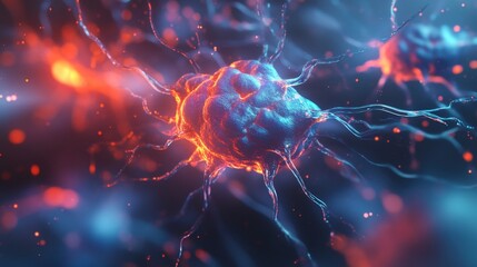 Obraz premium A stunning depiction of neurons in a vibrant digital world. This image captures the complexity of neural networks and connections. Perfect for scientific and educational uses. Generative AI