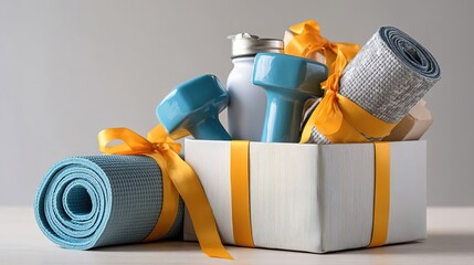 Gym equipment in a gift box with ribbon bows. Dumbbells, yoga mats, and a water bottle are beautifully packaged. Christmas sports card. Happy New Year 2026 banner
