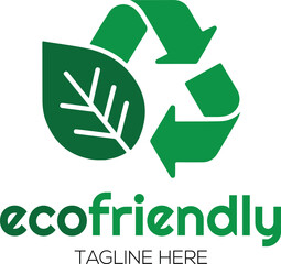 Ecofriendly logo with green leaf and recycling symbol on white