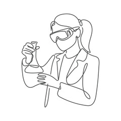 Woman chemist, vector scene. Girl coat glasses gloves holding test tubes flasks mixing reagents liquids experiment reaction laboratory employee scientist character. Science day concept. 