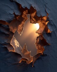 Warm glowing light bursting through torn textured paper, creating a dramatic breakthrough effect.