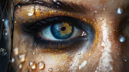 A stunning close-up of an eye with bright blue iris and artistic golden makeup. A blend of beauty and creativity shines through. Stunning details enhance visual appeal. Generative AI