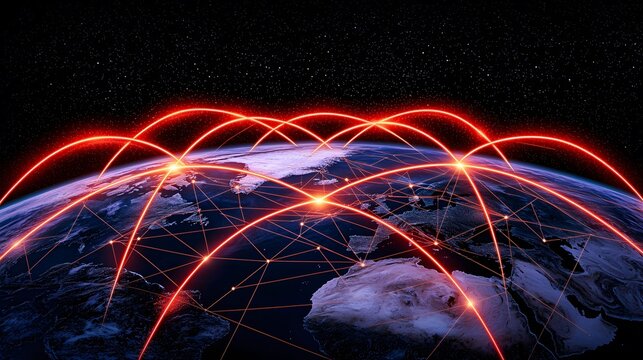 The image shows a global network of connections with glowing red lines spanning the Earth's surface, set against a backdrop of space and stars, symbolizing connectivity.