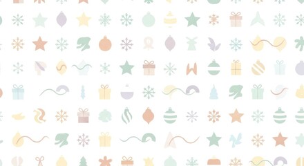 A festive, pastel-colored Christmas pattern with snowflakes, stars, and gift boxes on a white background.