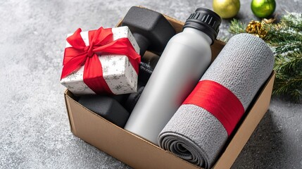 Gym equipment in a gift box with ribbon bows. Dumbbells, yoga mats, and a water bottle are beautifully packaged. Christmas sports card. Happy New Year 2026 banner