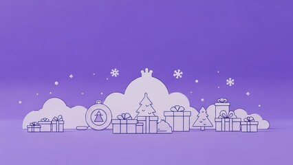 Naklejka premium A purple and white Christmas scene with a snowman, presents, and snowflakes.
