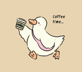 Cute Duck with Coffee Cup illustration. Kawaii animal. Doodle. Hand drawn. Vector. Illustration.