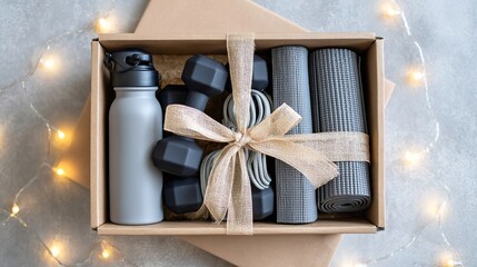 Gym equipment in a gift box with ribbon bows. Dumbbells, yoga mats, and a water bottle are beautifully packaged. Christmas sports card. Happy New Year 2026 banner