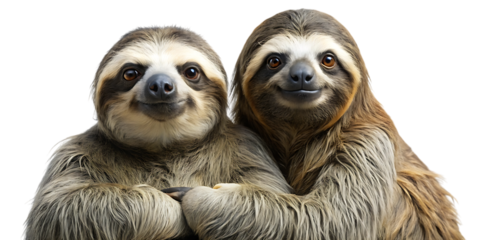 Close-up portrait of two adorable two-toed sloths cuddling together, their expressive eyes looking forward, set against a clean isolated background for versatile use.