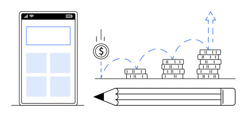 Mobile app interface, bouncing coin stacks, upward arrow, pencil symbolizing financial growth, planning, digital tools, savings, data analysis, education productivity success simple flat metaphor