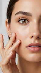 Woman Applying Skincare Product to Face for Radiant Complexion.