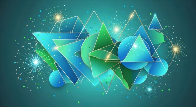 A colorful abstract design featuring geometric shapes and glowing stars on a teal background.