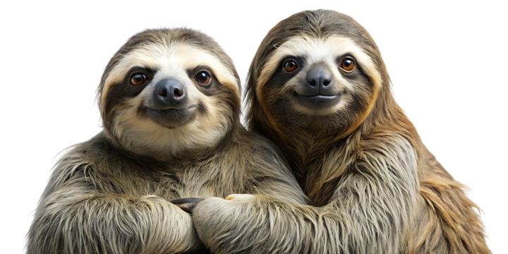 Close-up portrait of two adorable two-toed sloths cuddling together, their expressive eyes looking forward, set against a clean isolated background for versatile use.