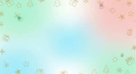 A festive, pastel-colored background with Christmas-themed elements, including snowflakes, stars, and gift boxes.